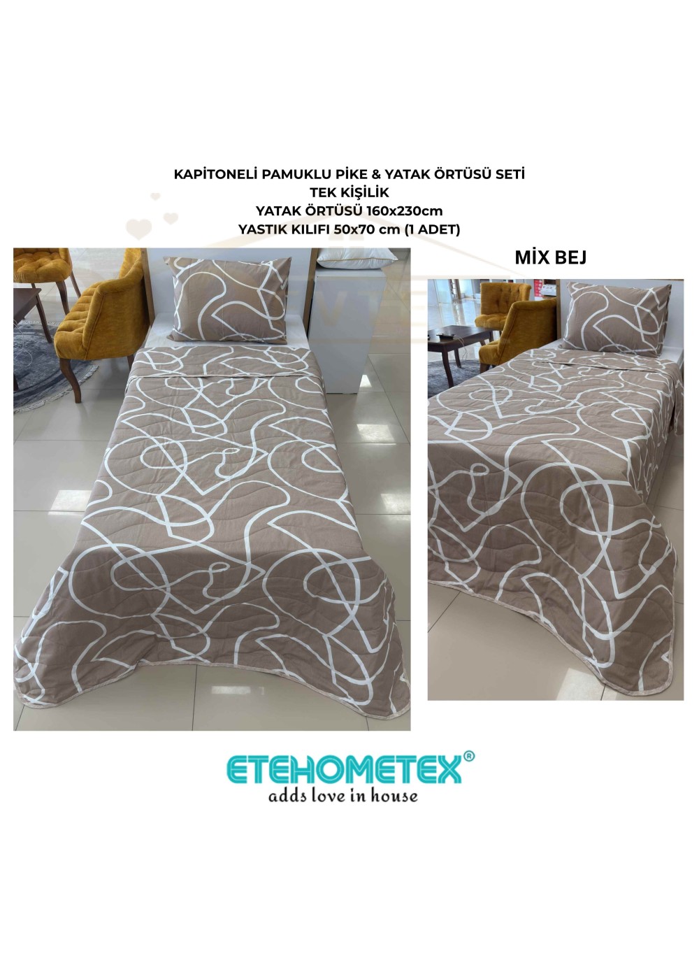 ETEHOMETEX Pamuklu Kapitoneli Yatak Örtüsü Seti TEK KİŞİLİK MİX BEJ 8696474232105